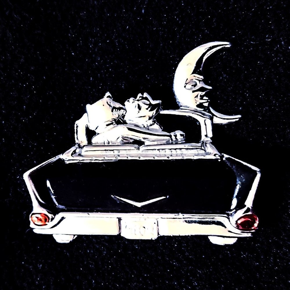 CAT'S  MEOW! Blk Enamel/Silver '57 Chevy Convertible w/Crescent Moon OAJC Brooch